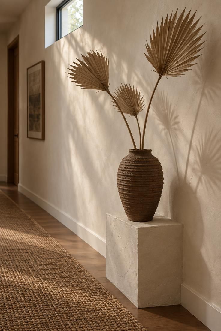 10 Warm Organic Modern Hallway Ideas for Daily Calm 8 A ribbed clay vessel holding dried palm stems on a low plaster plinth in a warm white hallway, with long stem shadows falling across textured plaster and a jute runner below.