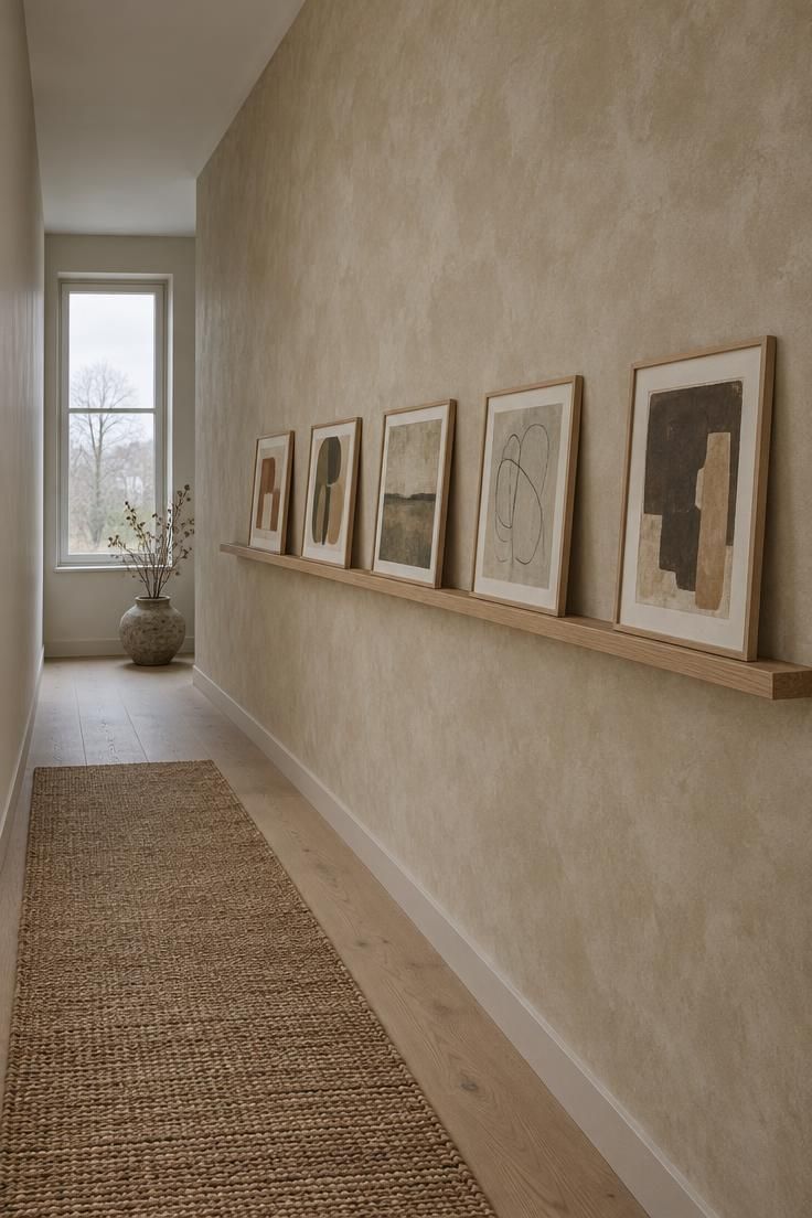 10 Warm Organic Modern Hallway Ideas for Daily Calm 9 A warm sand limewashed hallway wall with a low oak picture ledge holding five small framed abstracts in muted earth tones, a jute runner below and the opposite wall left bare.