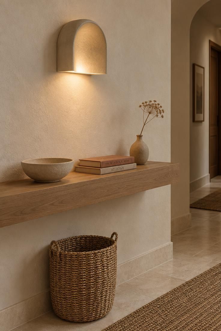 10 Warm Organic Modern Hallway Ideas for Daily Calm 10 An arch-shaped plaster wall sconce glowing above a slim floating oak console in a hallway, with a ceramic bowl, books, and a bud vase on the console and a woven basket below.