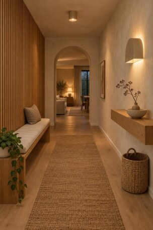 A warm organic modern hallway at evening with limewash walls, a slatted oak wall and linen bench on the left, a jute runner leading to an arched opening, and an arch sconce above a slim oak console on the right.