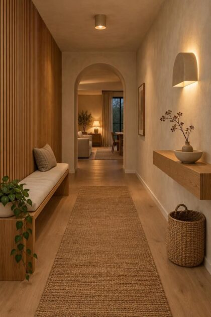10 Warm Organic Modern Hallway Ideas for Daily Calm A warm organic modern hallway at evening with limewash walls, a slatted oak wall and linen bench on the left, a jute runner leading to an arched opening, and an arch sconce above a slim oak console on the right.