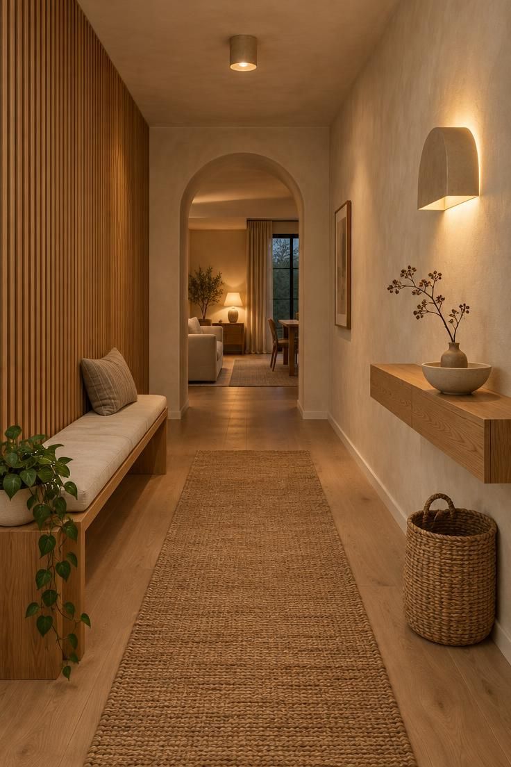 Simple Spaces 25 A warm organic modern hallway at evening with limewash walls, a slatted oak wall and linen bench on the left, a jute runner leading to an arched opening, and an arch sconce above a slim oak console on the right.