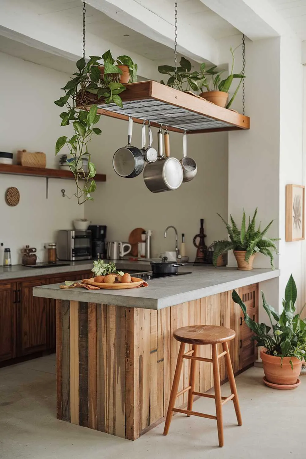 A cozy organic modern kitchen design with a wooden island, concrete countertops, and a suspended pot rack. There is a wooden stool near the island. The walls are painted white. A few potted plants are placed around the kitchen.