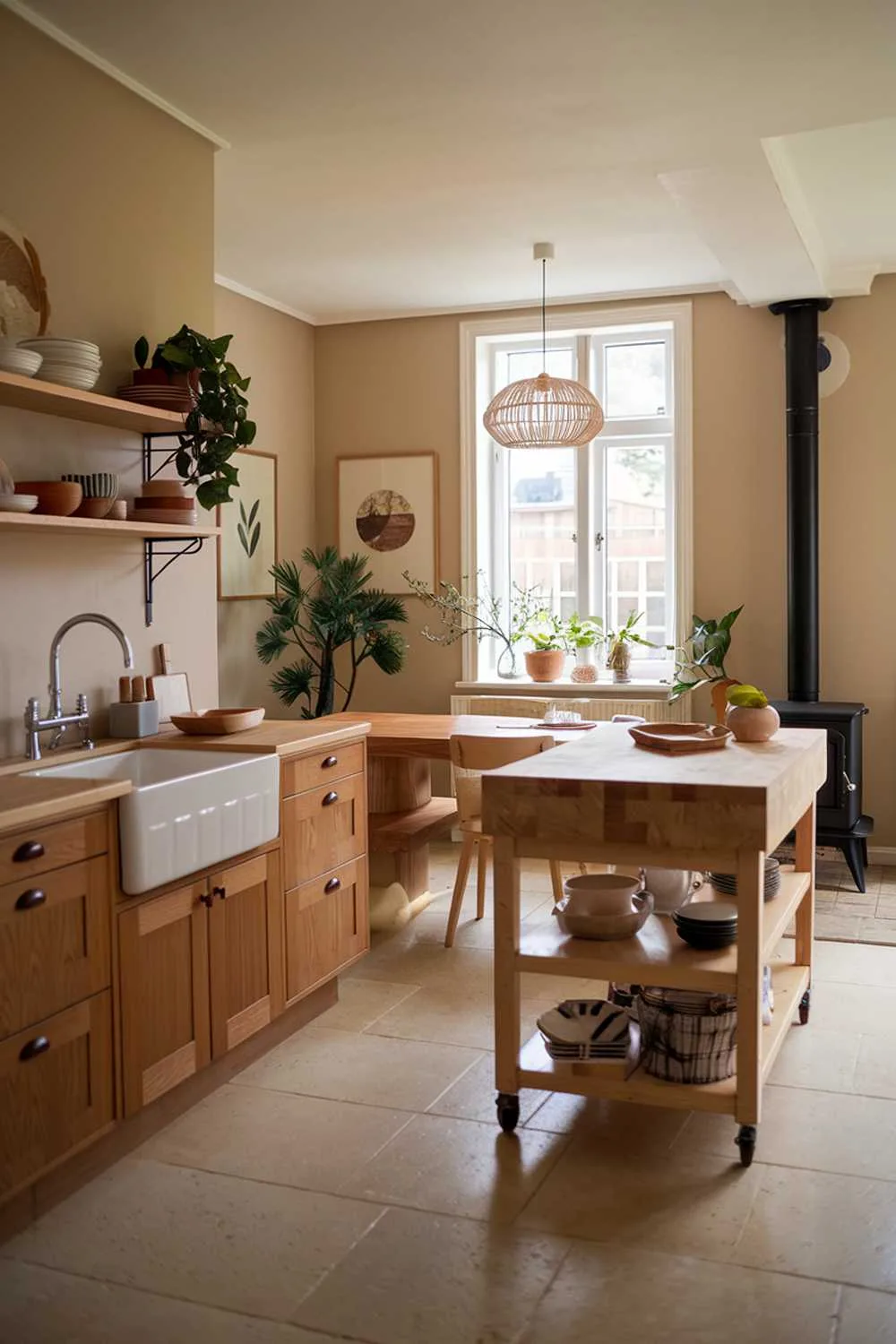 A cozy organic modern kitchen design with warm tones and natural materials. The kitchen has a farmhouse sink, a butcher block island, and a wood-burning stove. There's a dining table near the window and a few potted plants scattered throughout the room. The walls are painted a soft beige, and the floors are covered with beige tiles.