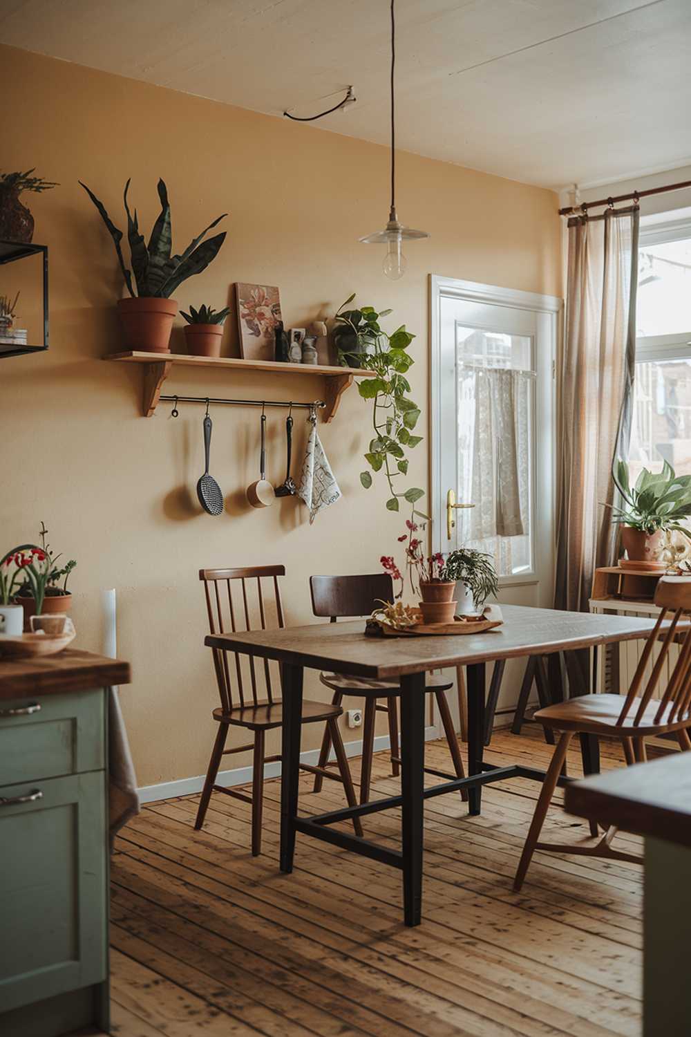 An organic modern kitchen design. There's a large wooden table in the middle of the room with a few chairs around it. On the wall above the table, there's a shelf with potted plants and a few decorative items. The floor is made of wooden planks. In the background, there's a door and a window with a curtain. The room has a warm and inviting ambiance.