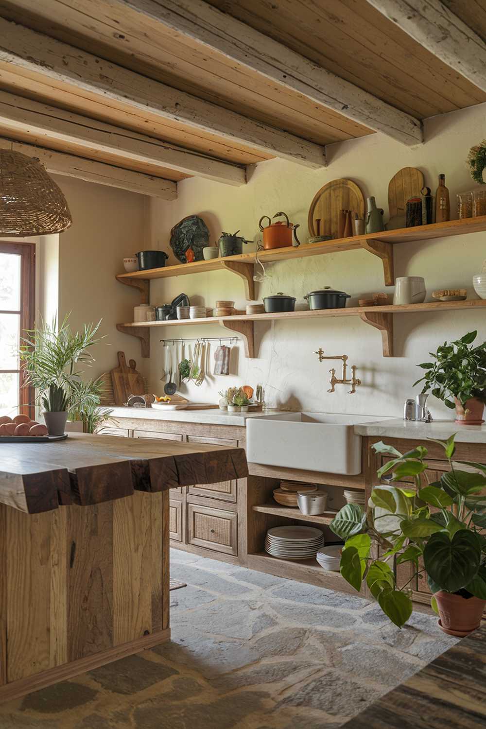 Anorganic modern kitchen design with a rustic charm. The kitchen has a wooden ceiling, exposed beams, and a wooden island with a thick edge. There's a farmhouse sink next to the island. The wall has open shelves filled with pots, pans, and dishware. The floor is made of stone. A few potted plants add a touch of greenery.