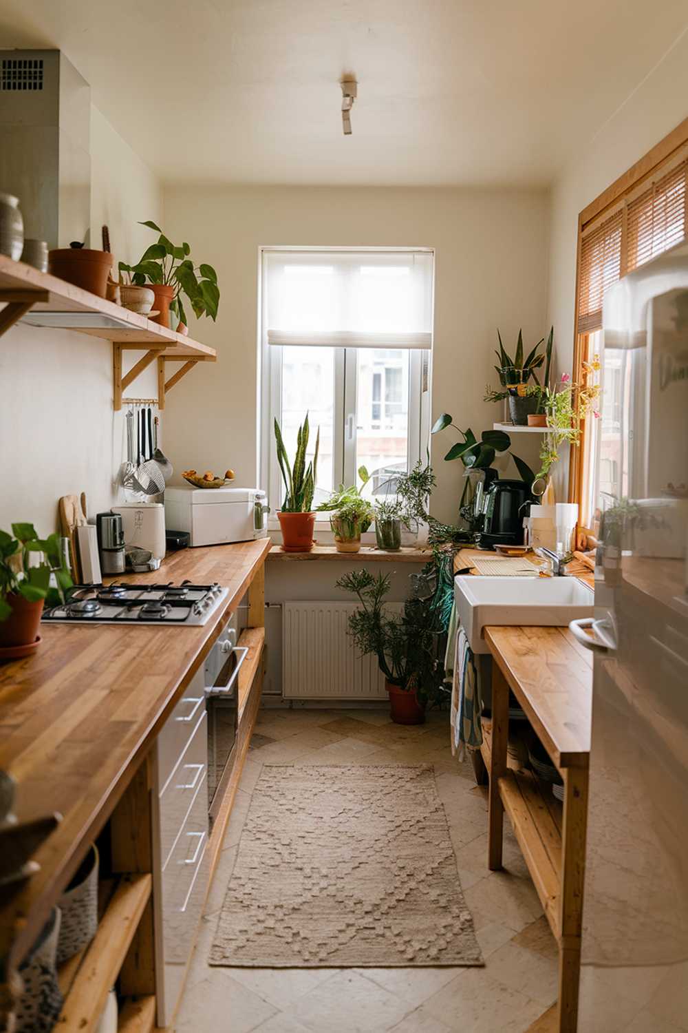 A cozy organic modern kitchen design. The kitchen has a wooden countertop and a few appliances, including a stove, a refrigerator, and a sink. There are potted plants near the window and by the sink. The walls are painted white, and the floor is made of beige tiles. A rug with a geometric pattern is placed on the floor.