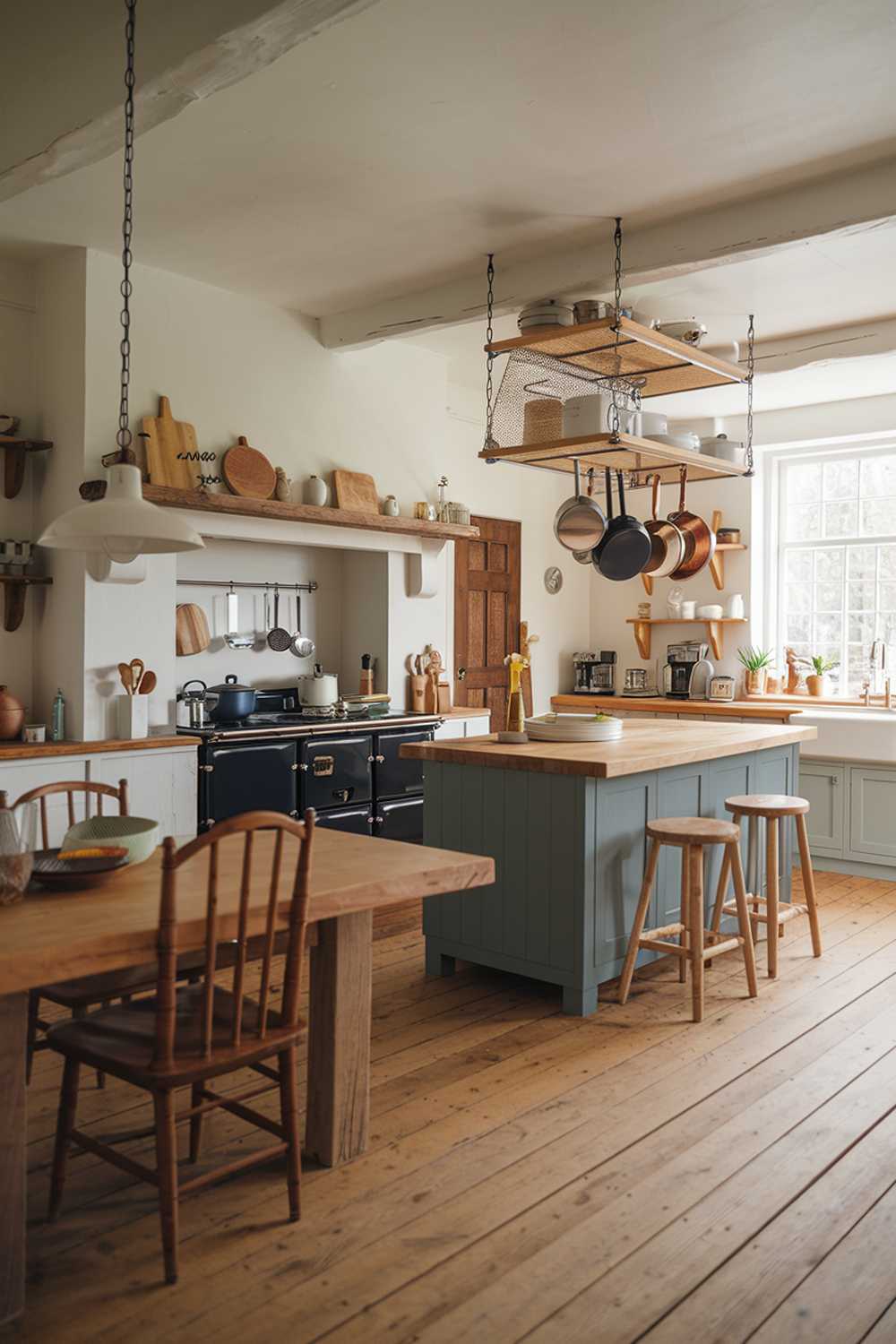 An organic modern kitchen design with a rustic touch. The kitchen has a large island with a wooden counter and a few stools. There's a range cooker with pots and pans hanging above it. The walls are painted white and have wooden shelves with cookware. There's a dining table with chairs near the island. The floor is made of large wooden planks.