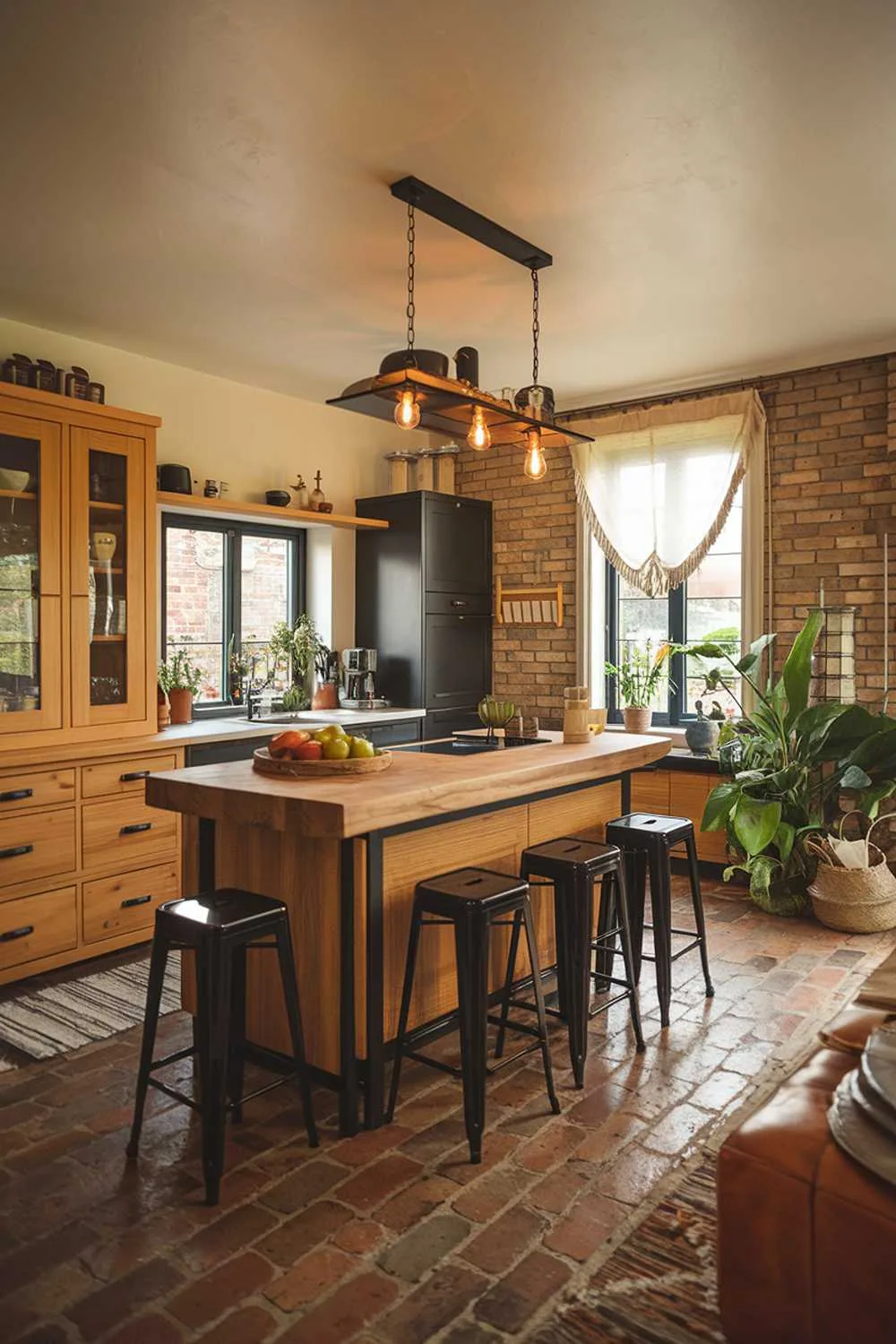 A cozy organic modern kitchen design with a rustic touch. The kitchen has a wooden island with a butcher block top, surrounded by black stools. There's a wooden cabinet on the left and a black cabinet on the right. The background has a brick wall and a window with a curtain. The floor is made of terracotta tiles. There are potted plants and a basket near the window. The lighting is warm.