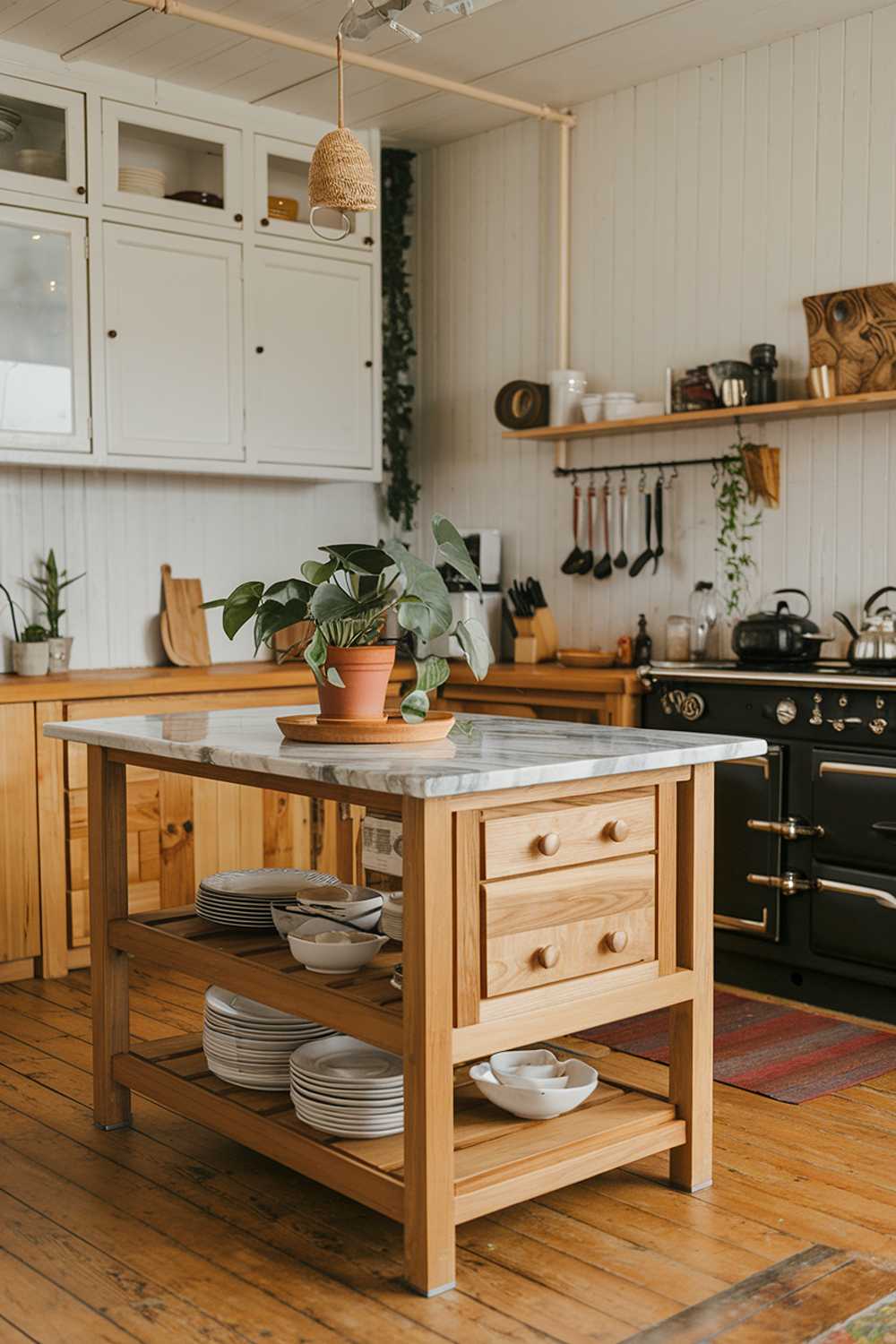 An organic modern kitchen design. The kitchen has a wooden island with a marble top, wooden cabinets, and a black stove. There's a potted plant on the counter. The floor is made of wood. There are utensils hanging above the island. The walls have white cabinets and a shelf.