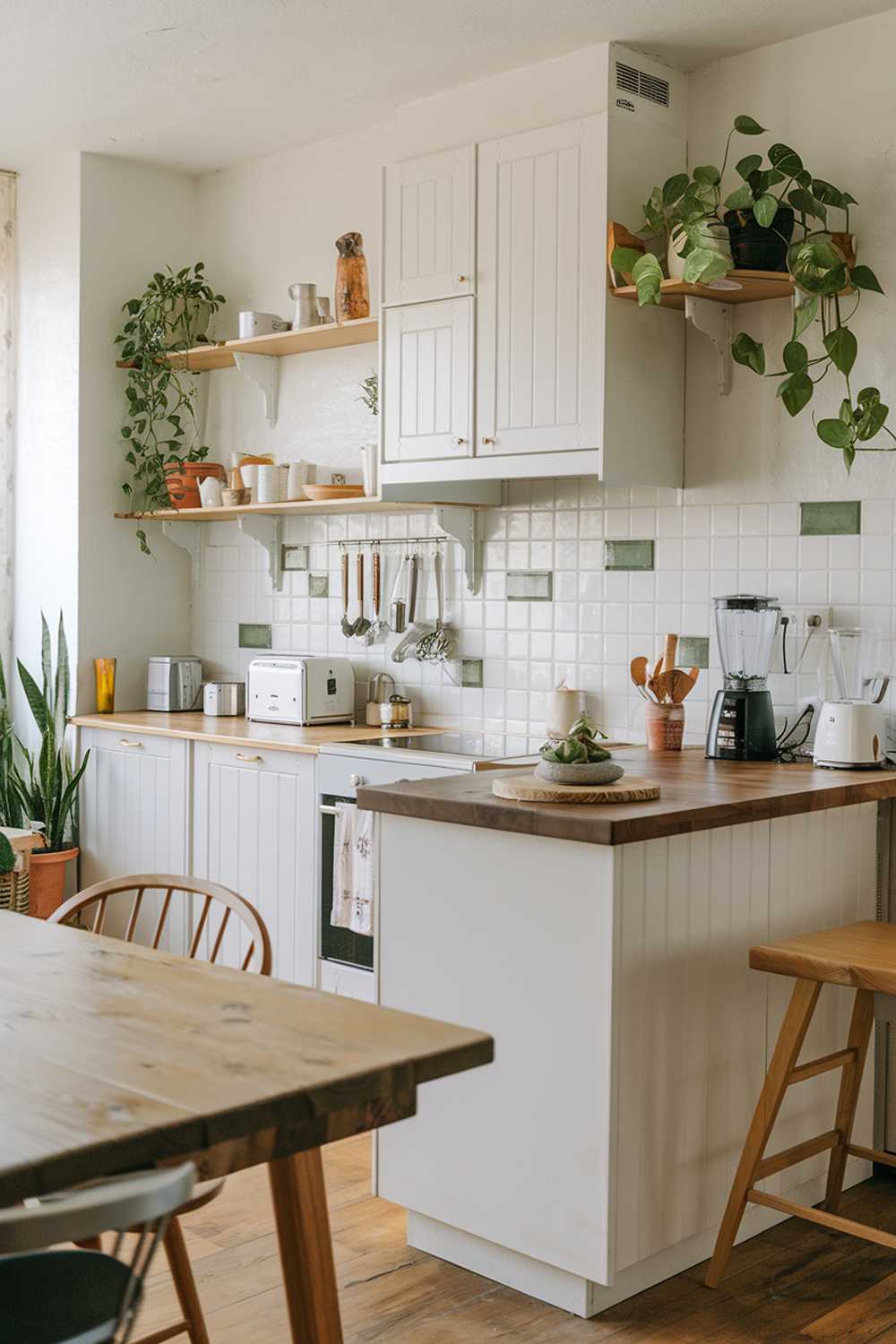 An organic modern kitchen design. The kitchen has white cabinets, a white island with a wooden countertop, and a white backsplash with green tile accents. There is a wooden dining table near the kitchen. On the counter top, there are a few kitchen appliances, including a toaster, a coffee maker, and a blender. There are also some potted plants in the kitchen. The floor is made of wood.