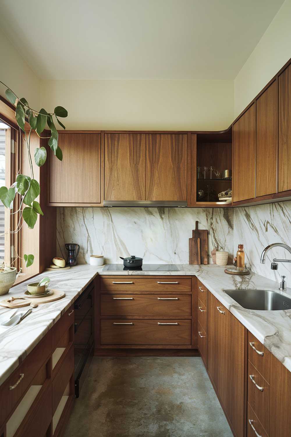 An organic modern kitchen design. The kitchen has wooden cabinets, a marble countertop, and a stainless steel sink. There is a green plant near the window. The floor is made of concrete. There are a few kitchen utensils on the countertop. The walls are painted white.