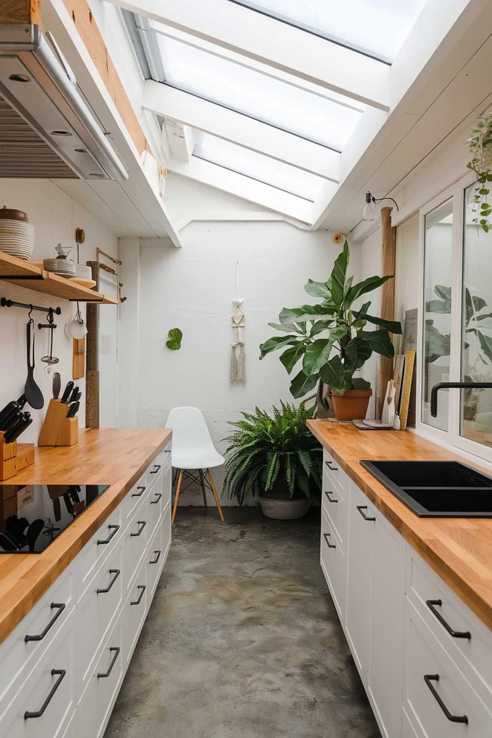 An organic modern kitchen design with a wooden countertop, white cabinets, and a black sink. There is a potted plant near the sink. The floor is made of grey concrete. There is a white chair near the window. The wall has a few hanging items. The room has a skylight.