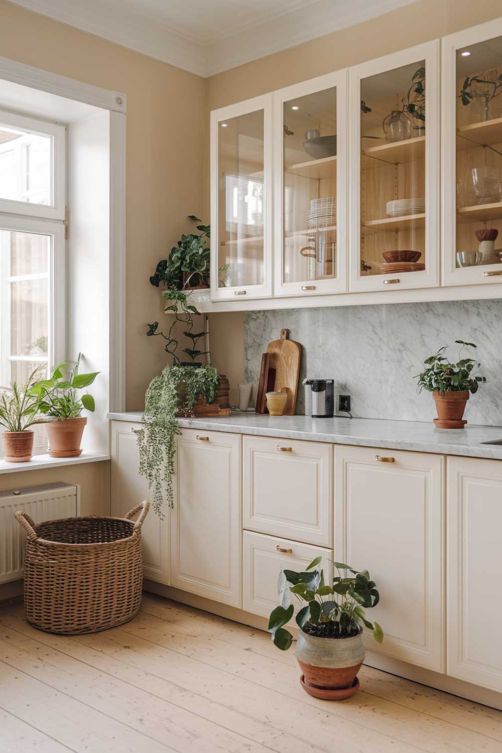 An organic modern kitchen design. The room has a light wooden floor, white cabinets with glass doors, and a marble countertop. There are potted plants near the window and on the countertop. A wicker basket is placed on the floor. The walls are painted beige.