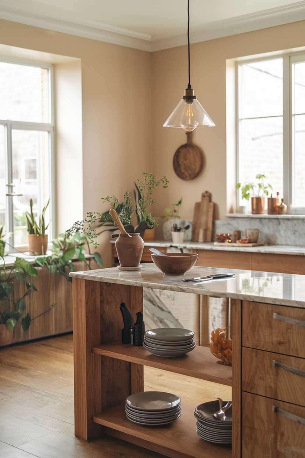 A warm organic modern kitchen design. The kitchen has a wooden island with a marble countertop, where a bowl and a knife are placed. There's a pendant light hanging above the island. The floor is made of wood. There are plants near the window. The walls are painted in a soft beige color.