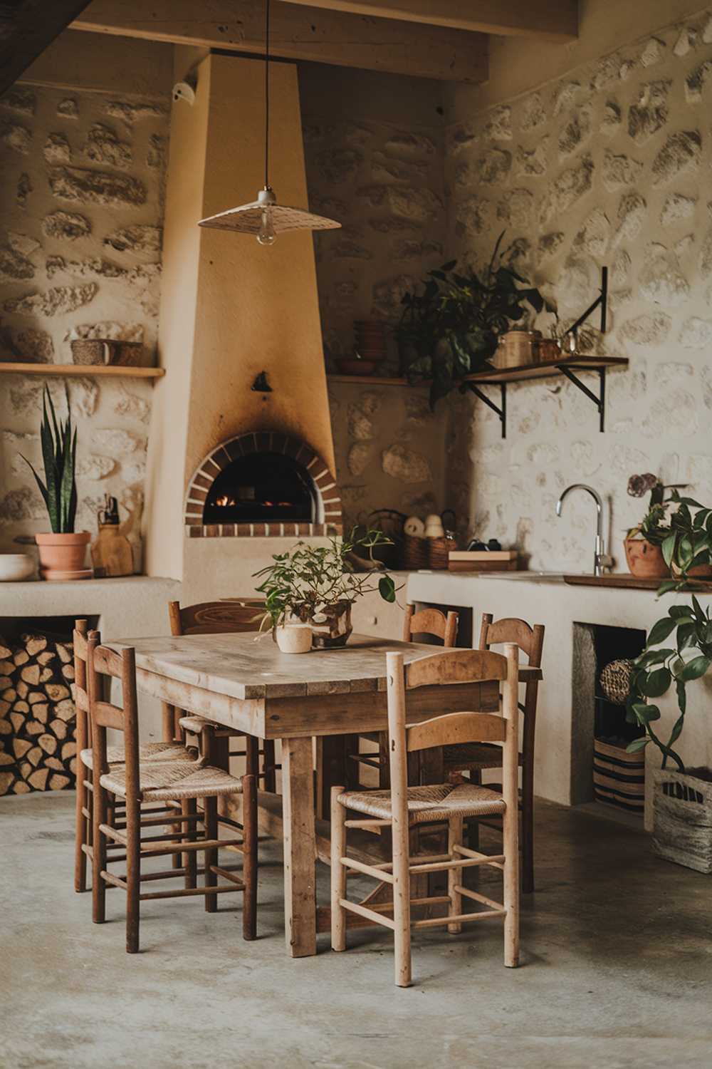 A warm organic modern kitchen design with a wood-fired oven. There's a rustic wooden table with chairs in the middle of the room. The walls are made of stone. There are potted plants and a hanging lamp. The floor is made of concrete.