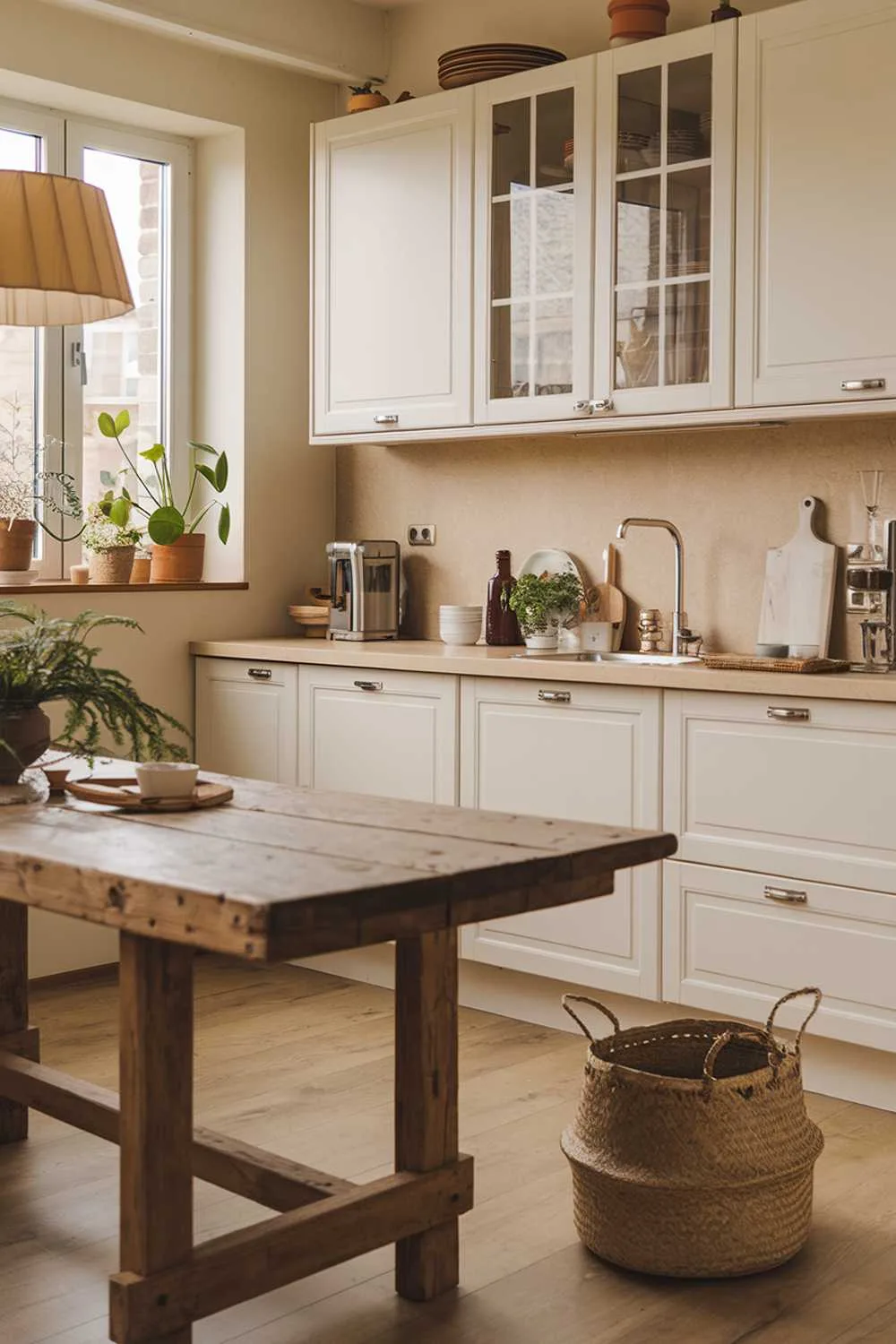 A warm organic modern kitchen design with a rustic wooden table, white cabinets, and a beige backsplash. There are potted plants on the windowsill and a woven basket on the floor. A vintage lamp with a beige shade is placed on the counter. The floor is made of light wood.