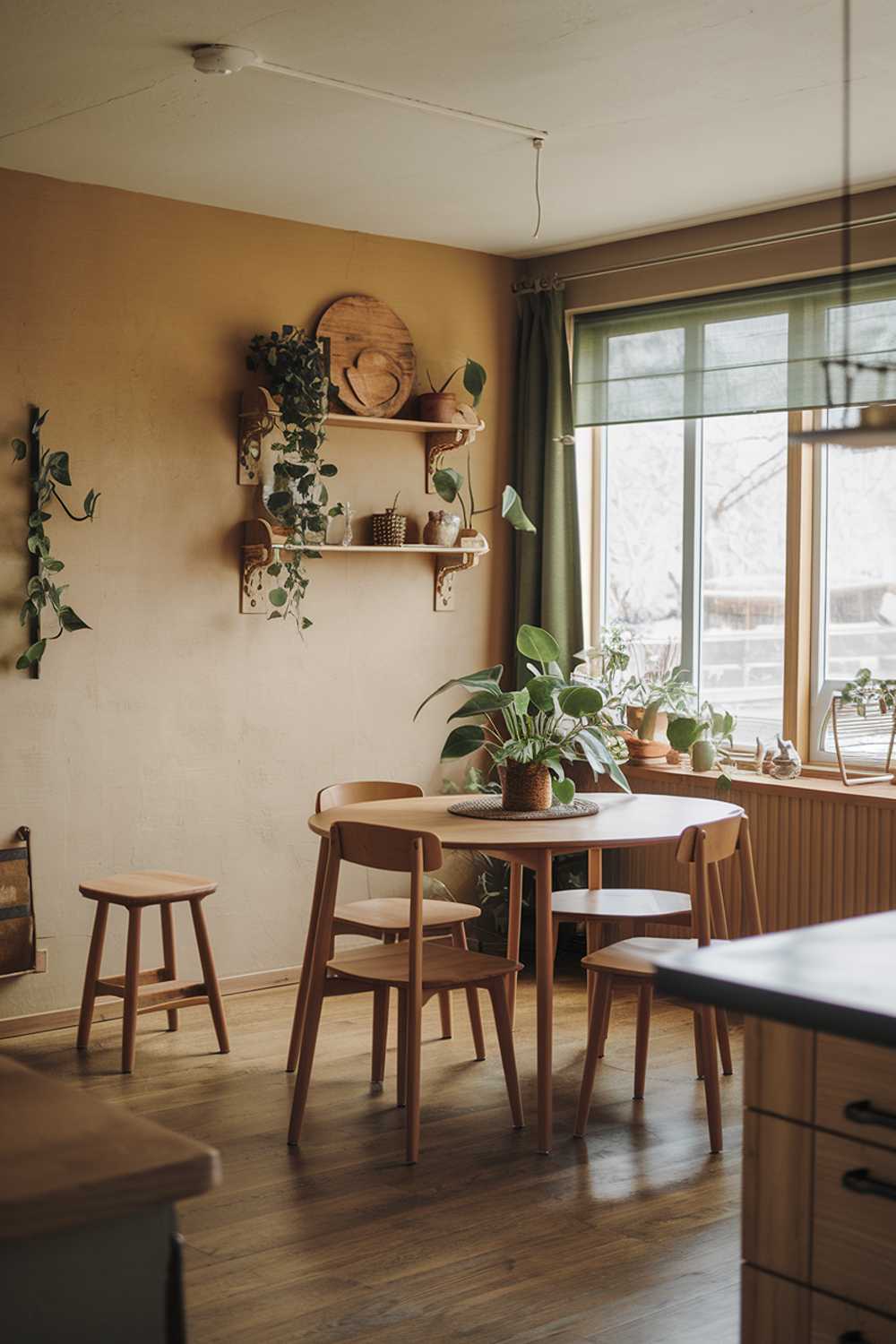 An organic modern kitchen design. There is a wooden table with a plant in the middle, surrounded by wooden chairs. The wall behind the table has a large window with a green curtain and a few shelves with plants and decor. The floor is made of wood. There is a small wooden stool near the wall. The room has a warm, earthy color palette.