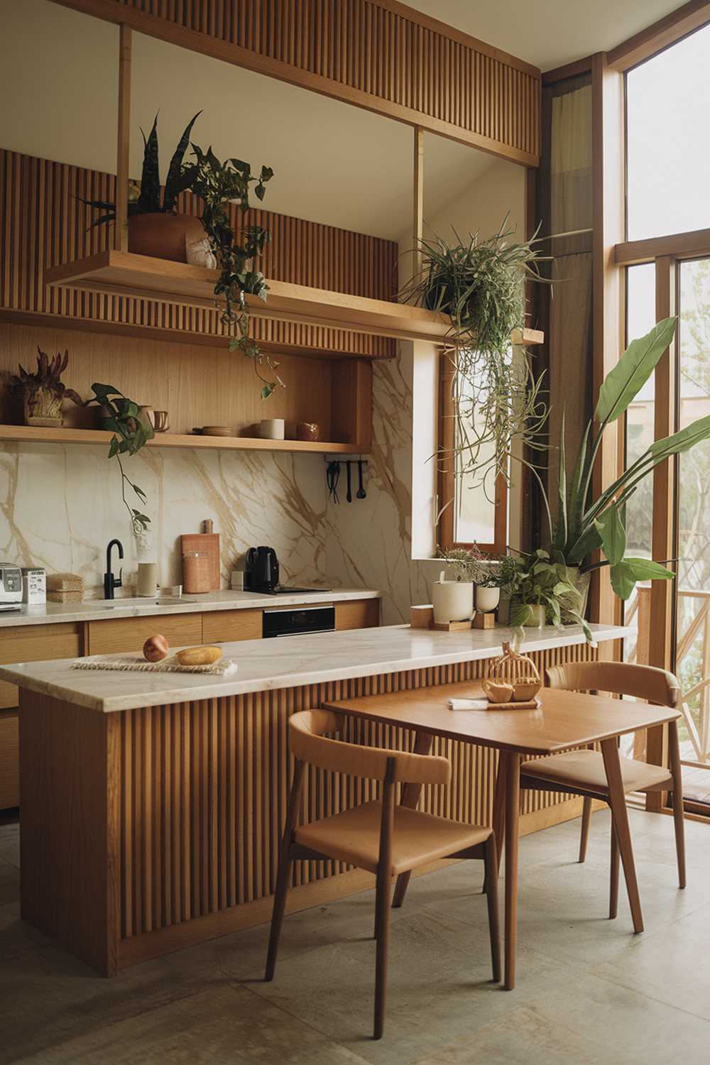 A warm, organic modern kitchen design with wooden elements, a marble countertop, and a few decorative plants. The kitchen has a large window with natural light. There's a wooden table with two chairs near the kitchen.