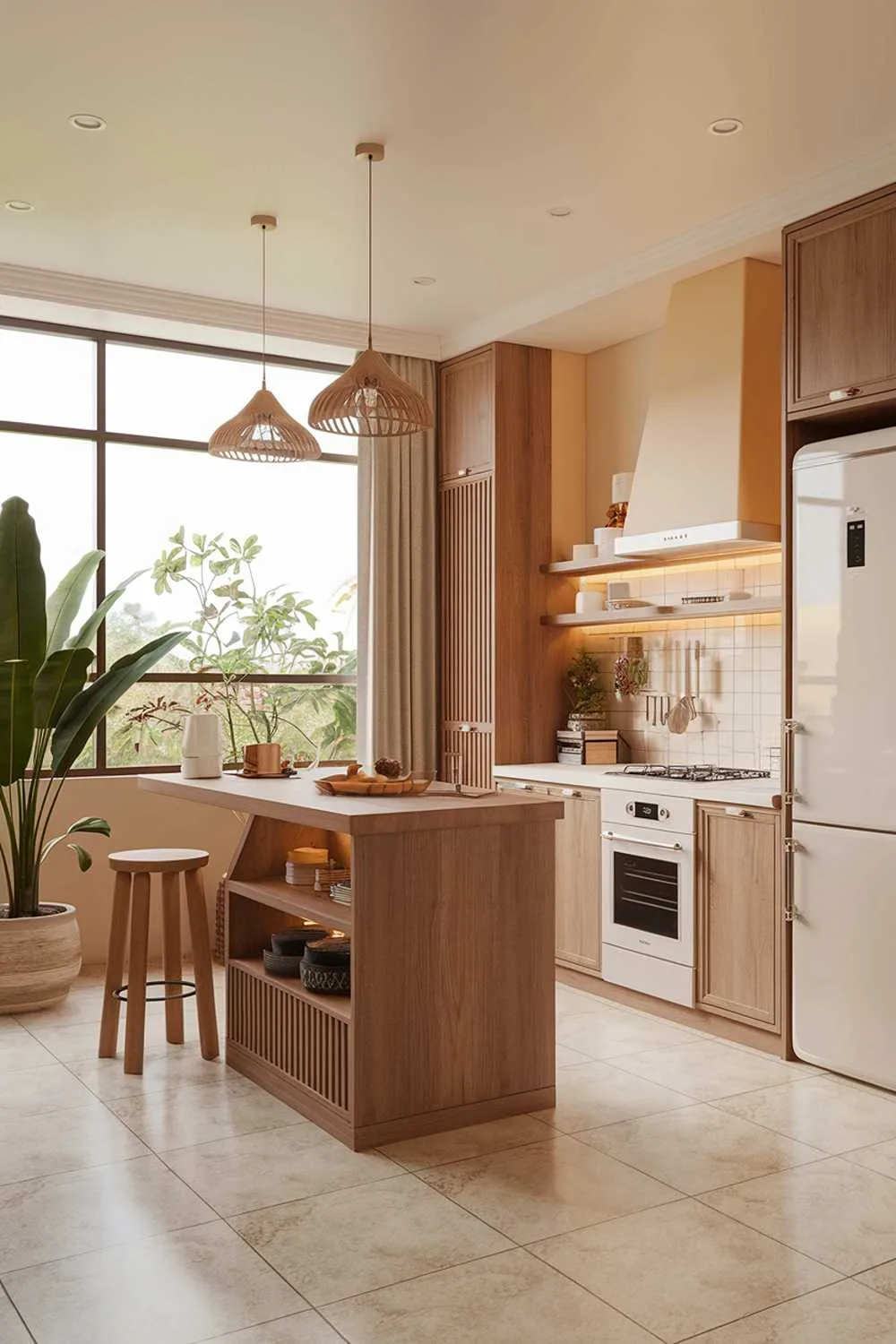 A warm organic modern kitchen design with a beige and wood tone color palette. The room has a large window with a view of greenery. There are a few potted plants in the kitchen. A wooden island with a few items is in the center. There is a white oven and a white fridge. The floor has beige tiles.