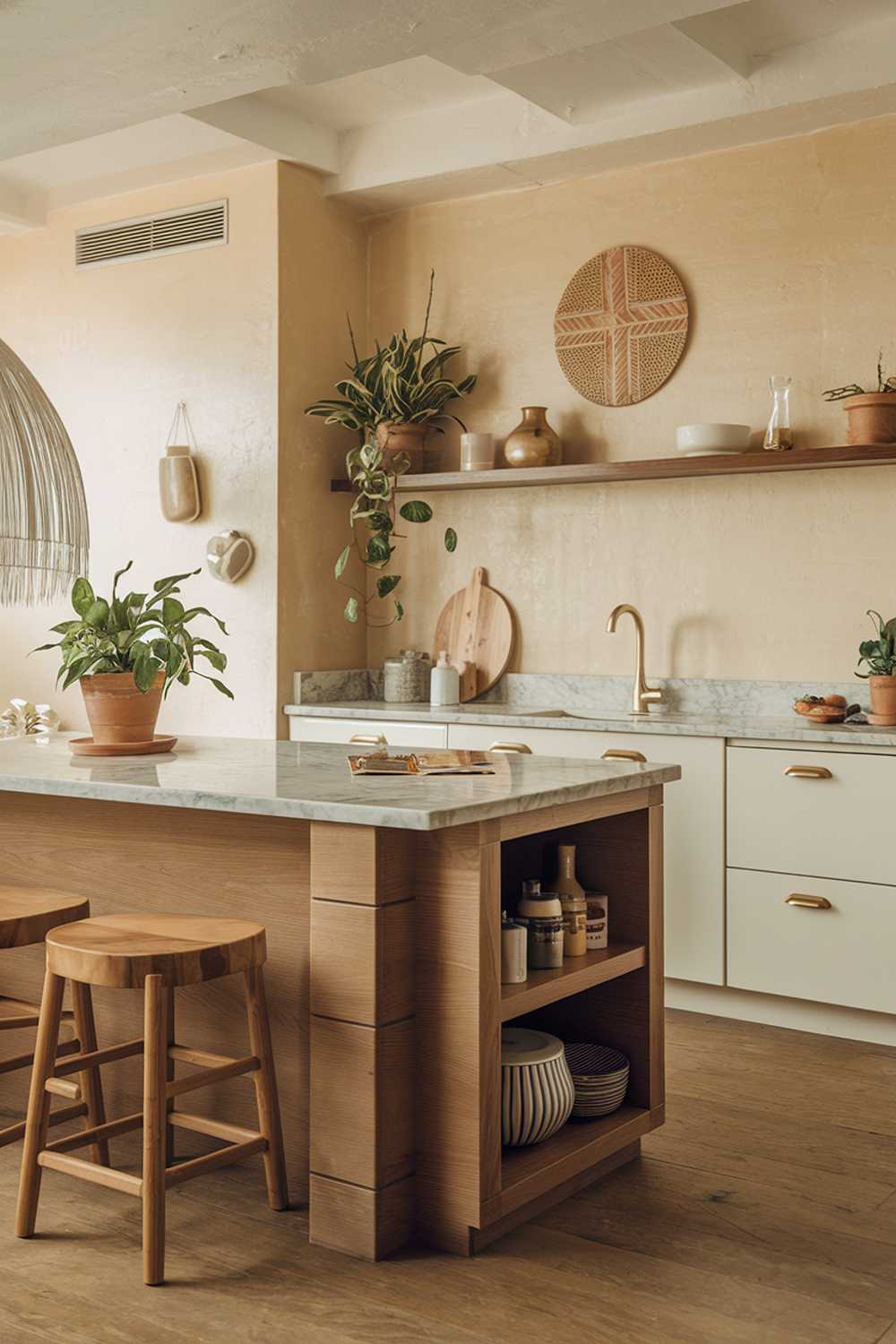 An organic modern kitchen design. The kitchen has a wooden island with a marble top, a few stools, and a few potted plants. There's a white cabinet with a few items on top. The walls have a beige hue and have a few decorative items. The floor is made of wood. The lighting is soft.