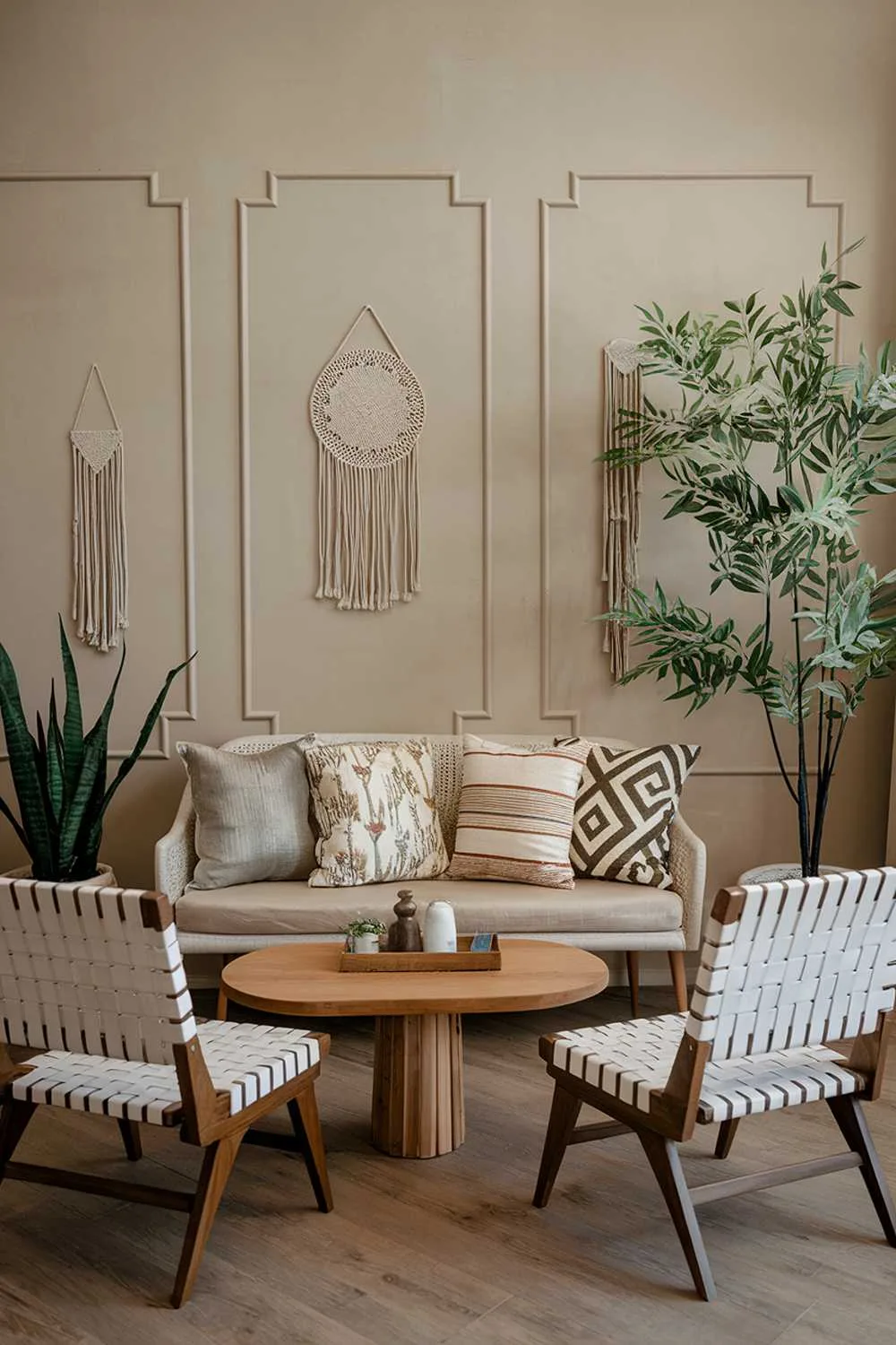 An organic modern living room decor. There is a beige sofa with cushions in various patterns, including a floral one and a geometric one. There is a wooden coffee table in front of the sofa. Two chairs with woven patterns are placed near the sofa. A potted plant with green leaves is placed on the floor. The walls are painted beige and have a few hanging decorations. The floor is made of wood.