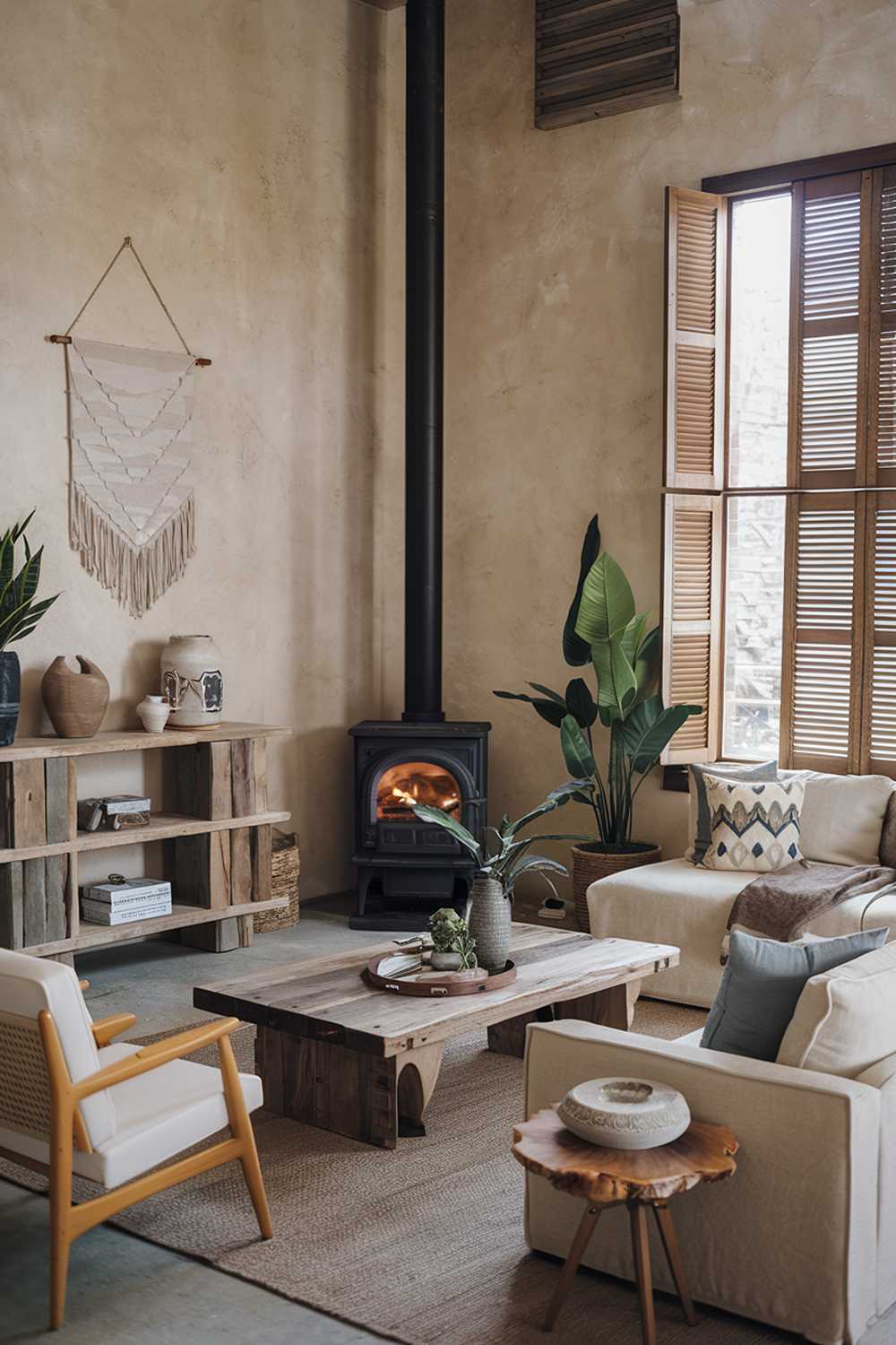 An organic modern living room decor. The room has a wood-burning stove in the corner, a large window with wooden shutters, a beige sofa, a white chair, a coffee table made of reclaimed wood, and a potted plant. There is also a wooden shelf with decorative items. The floor is covered with a rug. The walls have a textured finish and a few hanging items.