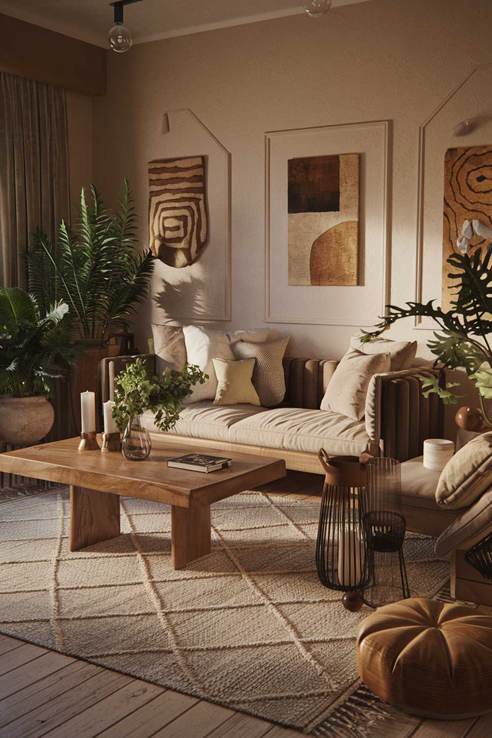 An organic modern living room decor with a warm color palette. The room features a cozy sofa with plush cushions, a few potted plants, and a wooden coffee table. There's a large rug with a geometric pattern. The walls are adorned with a few pieces of artwork. The room has a few decorative items, including a candle, a vase, and a lantern. The lighting is soft.