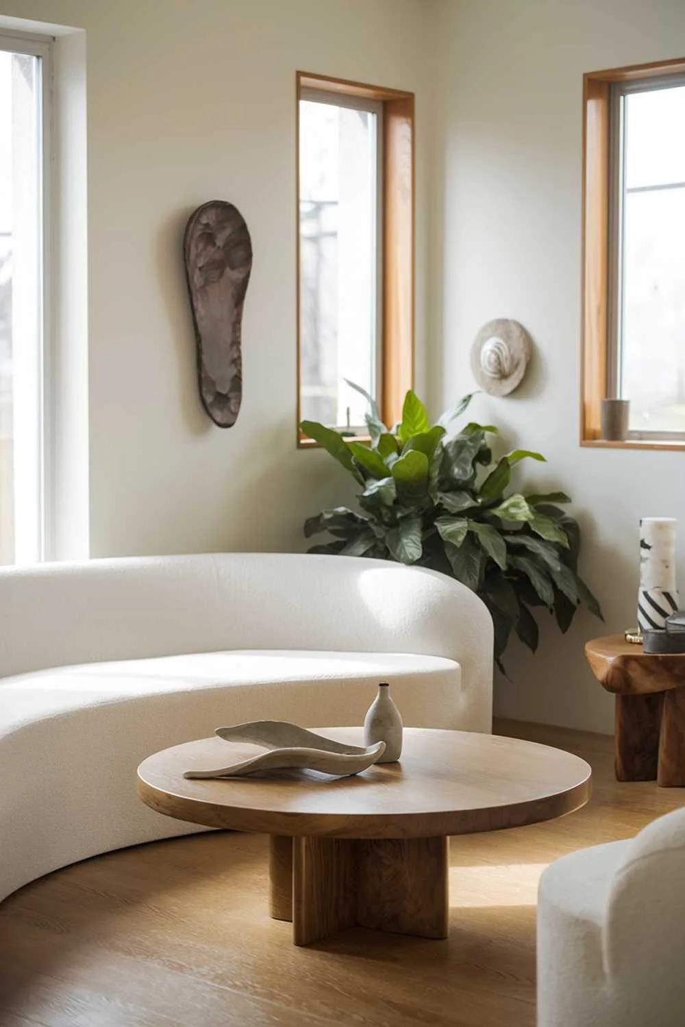 A modern living room with organic decor. There's a white sofa with curved lines and a wooden coffee table with a round base and a top that slopes down to the edges. There's a green plant in the corner and a few decorative items on the wall. The room has a few windows, letting in natural light. The floor is made of wood.