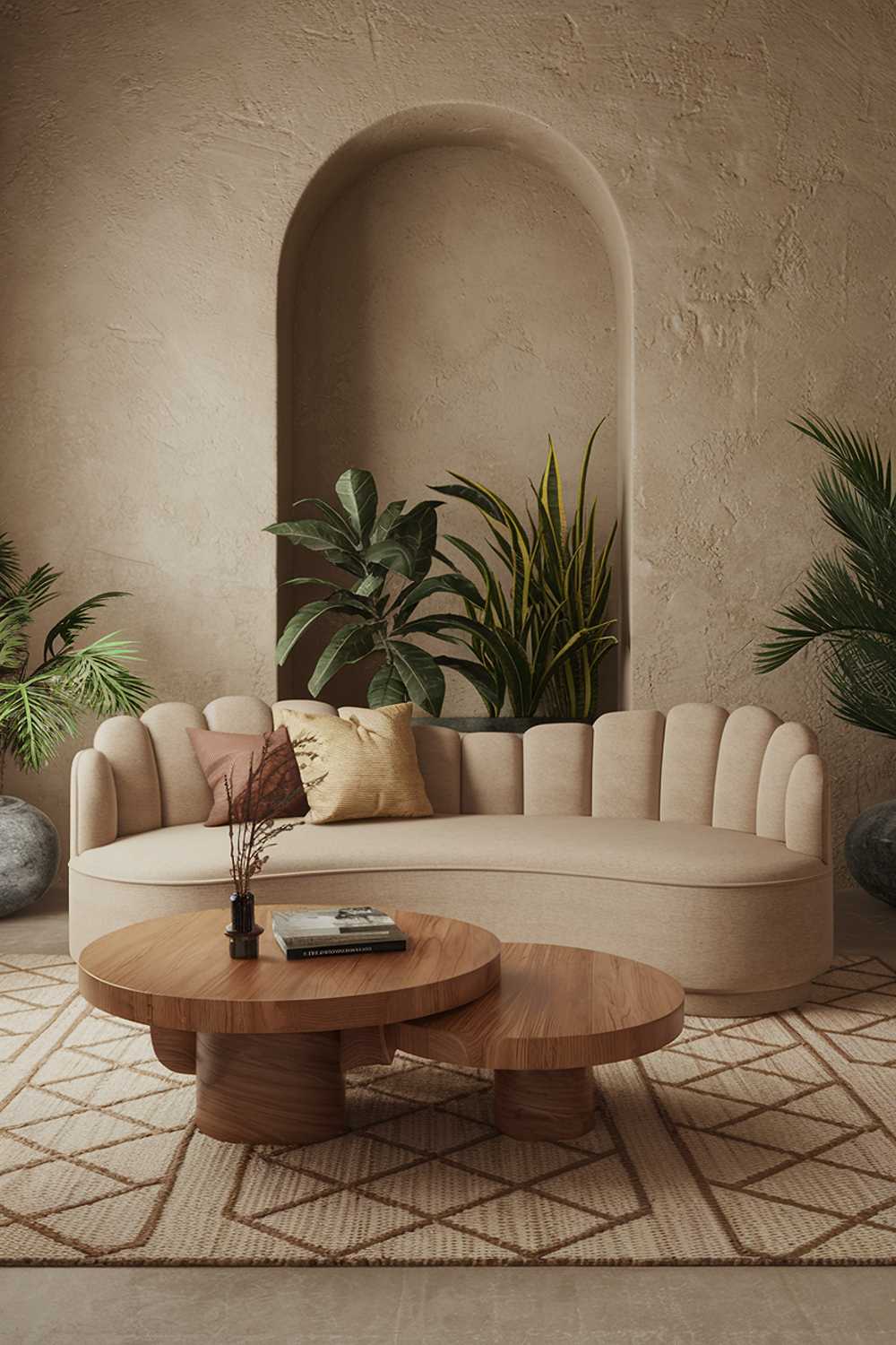 An organic modern living room decor. The room has a beige sofa with curved lines and a few throw pillows. There's a wooden coffee table with a round shape. A few potted plants are placed around the room. The walls have a textured finish. A rug with a geometric pattern is placed under the furniture.