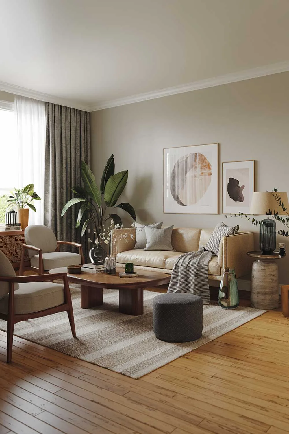 An organic modern living room decor. The room has a wooden floor, a beige sofa, a few chairs, a coffee table, and a side table. There are also some plants, a lamp, and a few decorative items. The walls are painted in a light color.