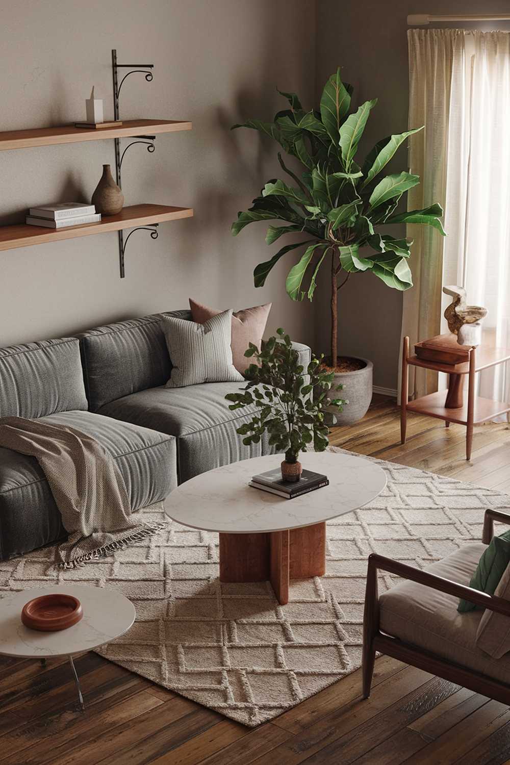 A highly detailed cozy organic modern living room decor. The room has wooden floors and is furnished with a plush gray sofa with a few throw pillows, a white coffee table with a plant, and a wooden shelf with a few decorative items. There's a large potted plant near the sofa. The walls are painted a light gray. There's a rug with a geometric pattern under the coffee table. The room has a few items of furniture, including a side table and a chair, and a few decorative items, such as a potted plant, a vase, and a wooden bowl. The lighting is warm and soft.