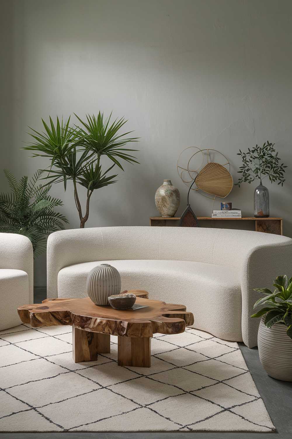 A cozy organic modern living room decor with a high level of detail. The room has a white sofa with curved lines, a few potted plants, a wooden coffee table with a unique design, and a large rug with a geometric pattern. There are also some decorative items, such as a vase and a lamp. The walls are painted in a light gray color. The lighting is soft.