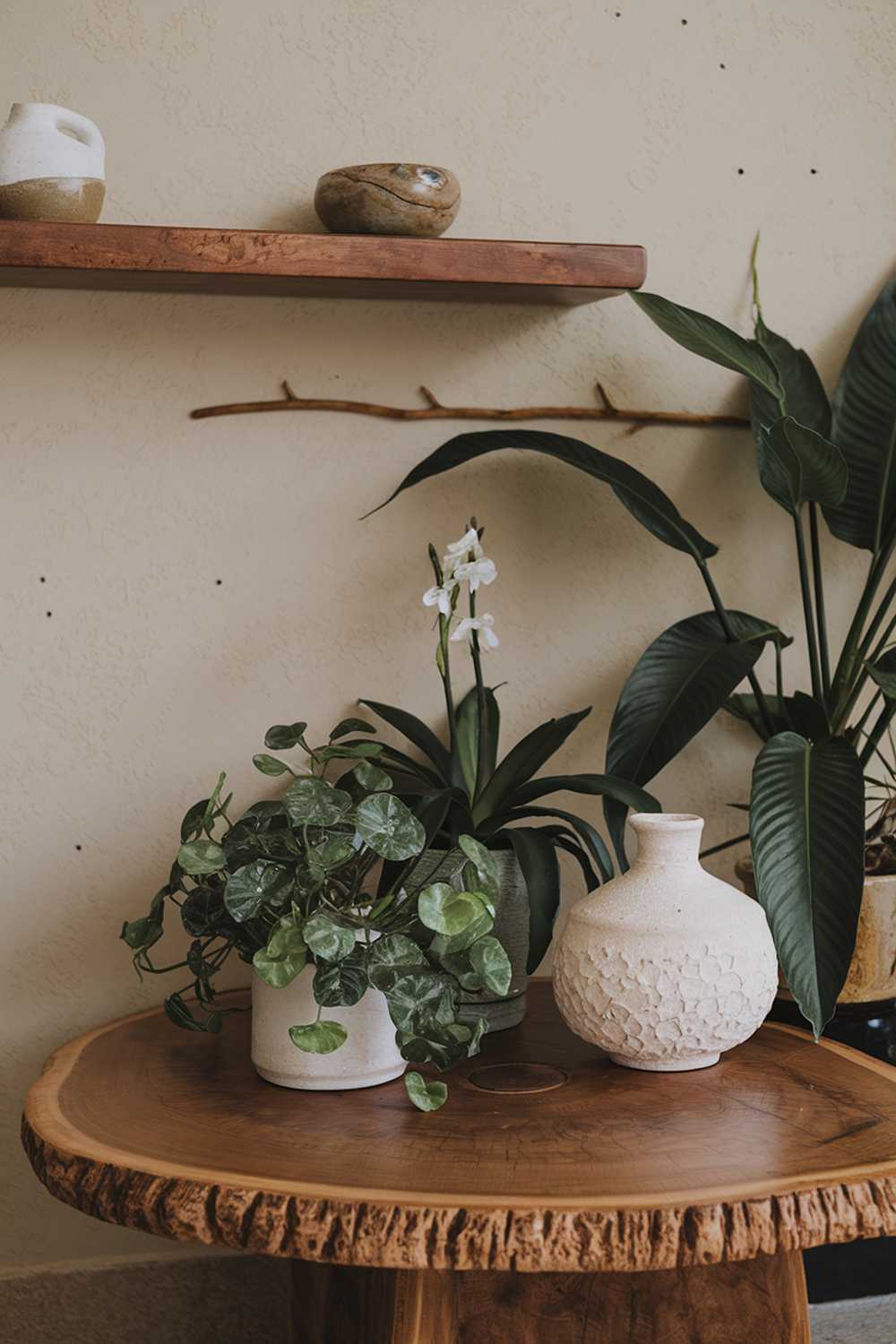 A cozy organic modern living room decor. There's a wooden coffee table with a round shape and a textured surface. There are multiple plants placed on the table, including a large potted plant with green leaves and a small plant with white flowers. There's a white ceramic vase with a textured surface. On the wall above the table, there's a wooden shelf with a few decorative items, including a ceramic bowl and a wooden object. The background is a beige wall with a few visible nail holes.