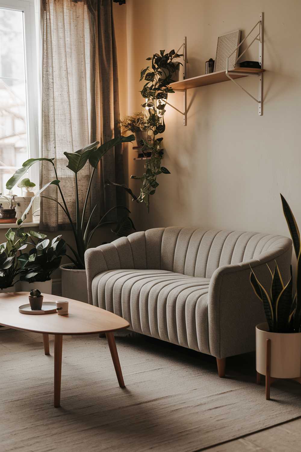 A cozy organic modern living room decor. A plush gray sofa with a curved backrest is placed near a white wooden coffee table. There are several plants around the room, including a large plant near the window and smaller ones on the coffee table and the floor. A beige rug covers the floor. A wooden shelf with a few items is mounted on the wall. The room has a warm ambiance with soft lighting.