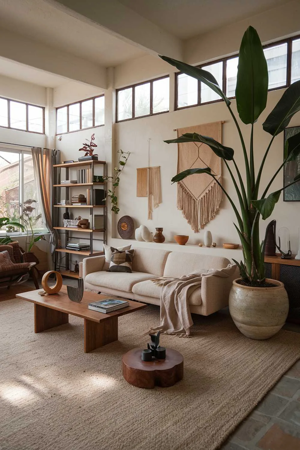 A cozy organic modern living room with a high level of detail. The room has a beige couch with a few throw pillows. There's a wooden coffee table in front of the couch. A large potted plant with green leaves is next to the couch. The floor is covered with a beige rug. A few items, such as a wooden box and a decorative object, are placed on the rug. A white bookshelf with a few books and decor items is against the wall. The room has a few more decor items, including a wall hanging and a large ceramic object. The room has a few windows with natural light.