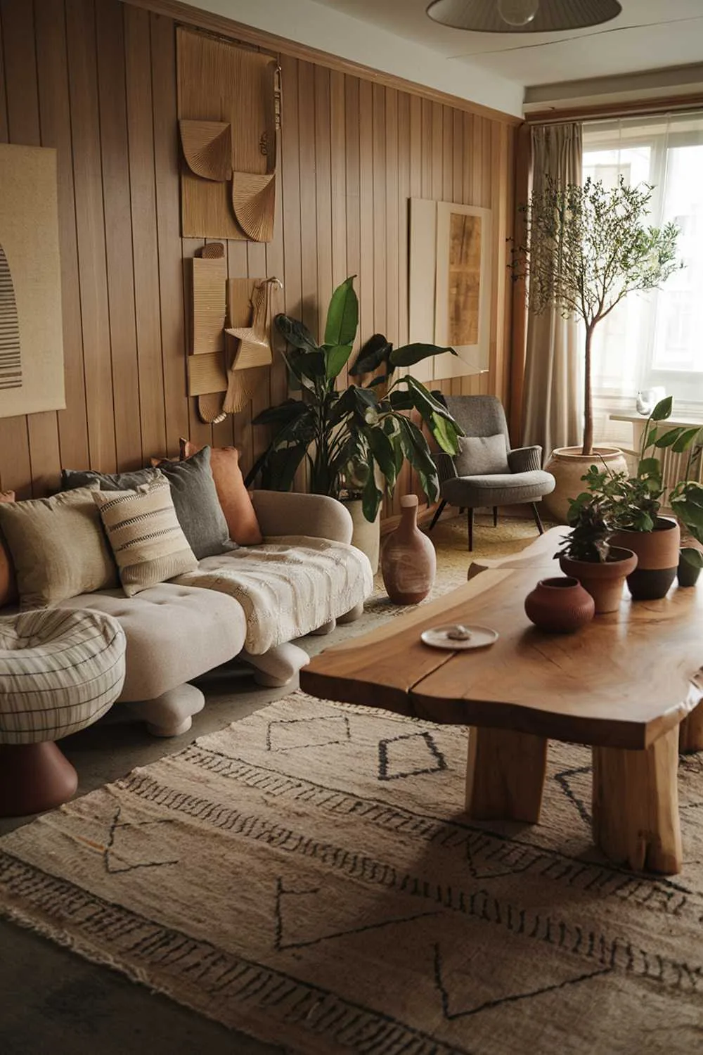 A cozy organic modern living room decor. There's a comfortable sofa with soft cushions in beige and gray tones, placed near a large wooden table with several potted plants. The walls have wooden panels and a few pieces of art. The floor is covered with a rug with a geometric pattern. There's a reading chair near the window and a potted tree. The room has several potted plants and a few decorative items, including a ceramic vase and a wooden bowl. The lighting is warm and soft.