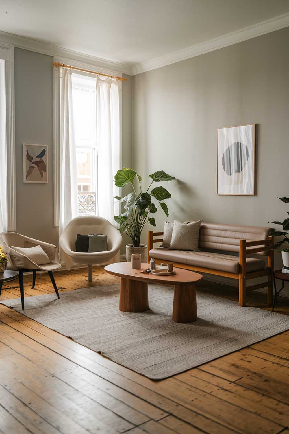 A cozy organic modern living room. The room features a few pieces of furniture, including a sofa, a chair, a coffee table, and a rug. There is a potted plant in the corner. The walls are painted a light gray color. The floor is made of wooden planks.