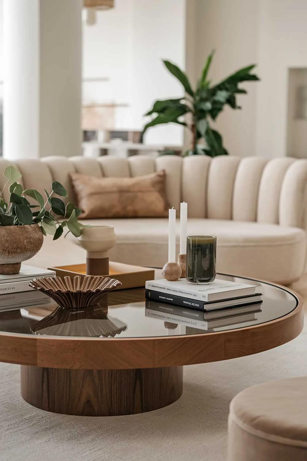 An organic modern living room decor. There is a large, wooden coffee table with a round base and a glass top. There are several items on the table, including a decorative bowl, a plant, a candle, and a few books. The background contains a beige sofa with a curved backrest, a few pillows, and a green plant. The room has a minimalist design, with white walls and a few pieces of furniture.