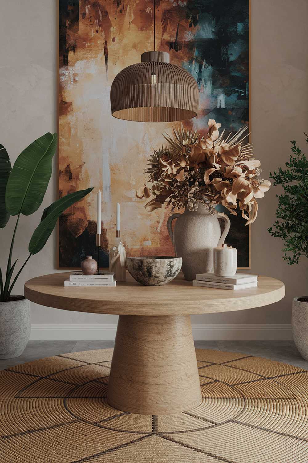 A stylish organic modern living room decor. There is a large, round wooden table in the center. On the table, there are a variety of items, including a large vase with dried flowers, a green plant, a decorative bowl, a candle, and a few books. The wall behind the table has a large, abstract painting with a mix of warm and cool tones. There is a pendant light hanging above the table. The floor is covered with a large, round rug with a geometric pattern.