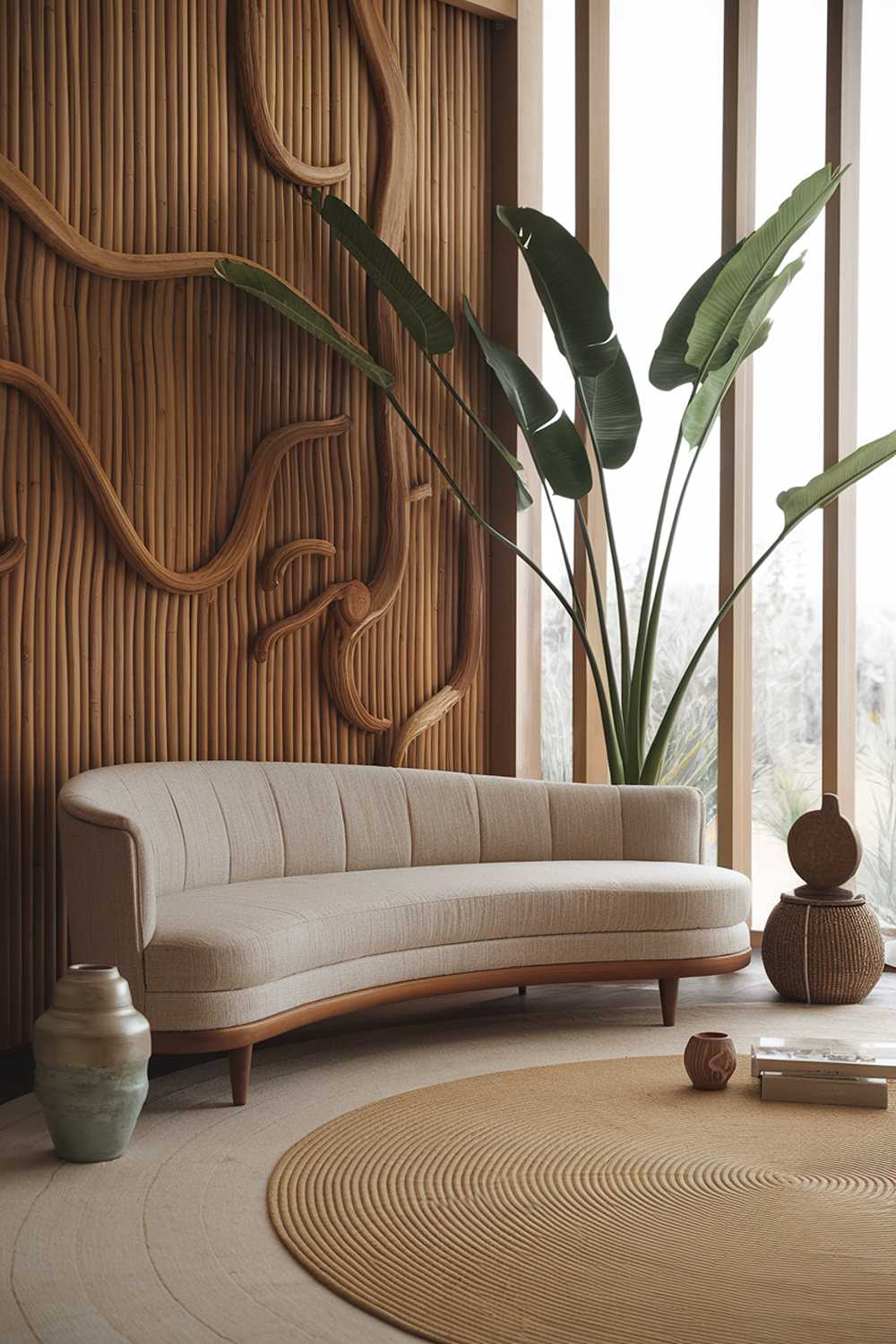 An organic modern living room decor. There is a curved sofa with a light beige coloured fabric and a wooden frame. The sofa is placed near a wall with a unique, wavy wooden panel. There is a large plant with green leaves near the sofa. The floor is covered with a beige rug with a circular pattern. There are a few decorative objects, including a ceramic pot, a wooden sculpture, and a woven basket. The room has a few windows, allowing natural light to illuminate the space.