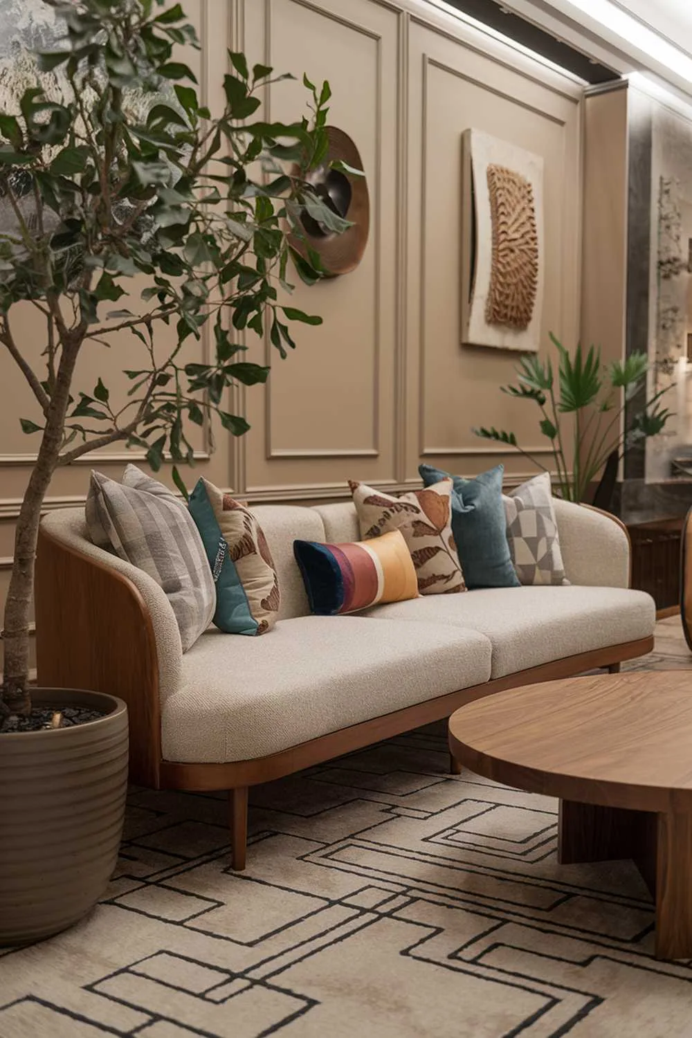 A stylish organic modern living room decor. There's a beige sofa with a variety of cushions in different patterns and colors. A potted plant with green leaves is placed on the floor beside the sofa. A wooden coffee table with a round shape is placed in front of the sofa. The walls have a beige colour and a few pieces of artwork are hung on the walls. There's a carpet with a geometric pattern under the furniture.