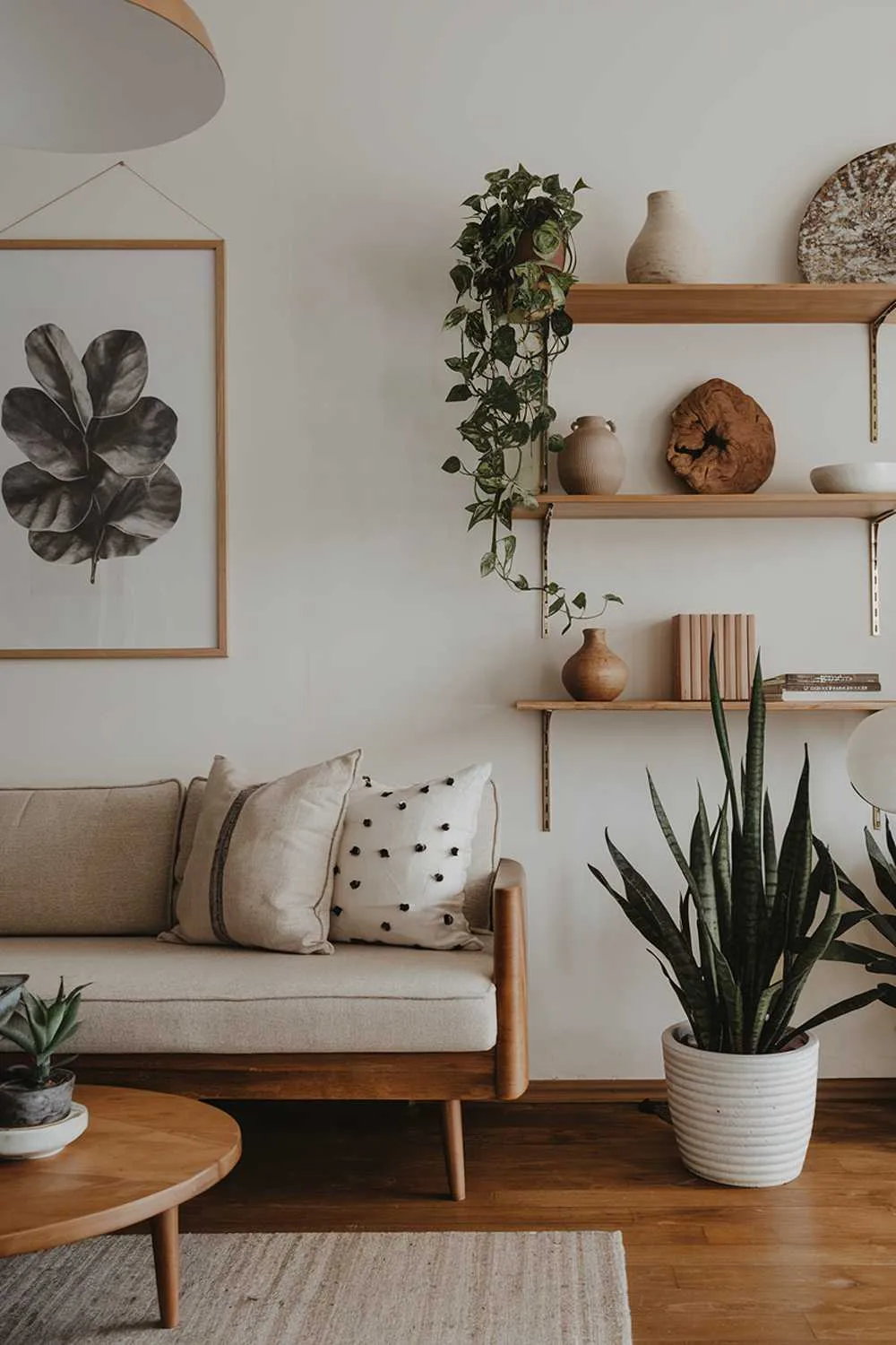 An organic modern living room decor. There's a beige sofa with a few cushions, a wooden coffee table, and a few potted plants. The walls have a few artworks and shelves with decorative items. The floor is made of wood. The lighting is soft.