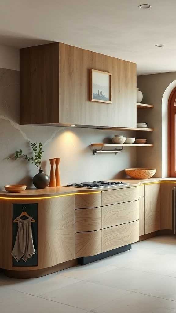 A modern kitchen featuring organic shapes and curves in its design.