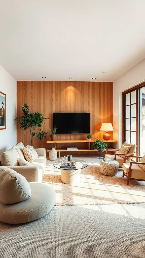 Cozy Japandi living room with organic shapes in furniture and decor