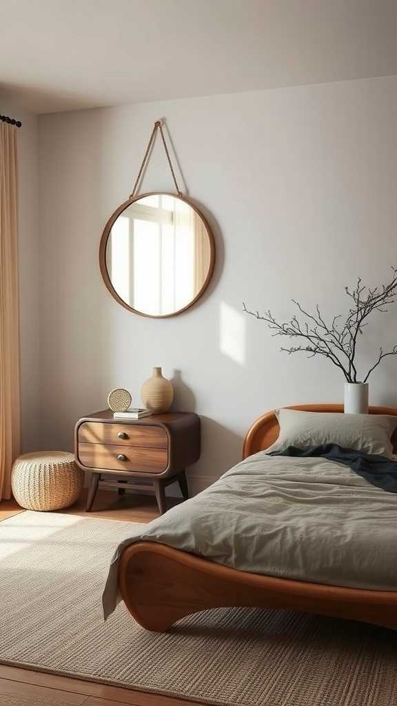 A warm and inviting wabi sabi bedroom featuring organic shapes in furniture.