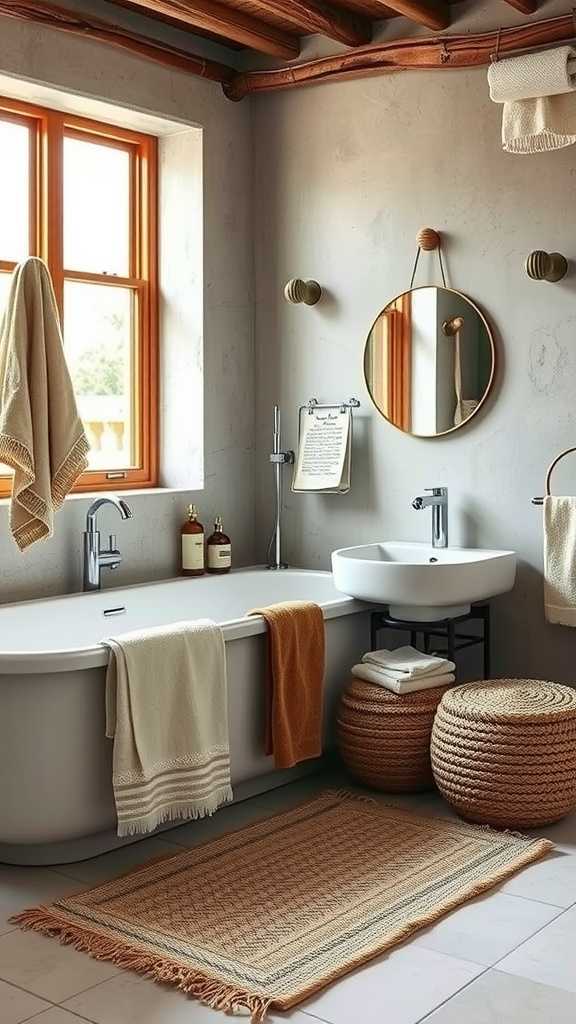 A serene bathroom featuring organic textiles in warm colors.