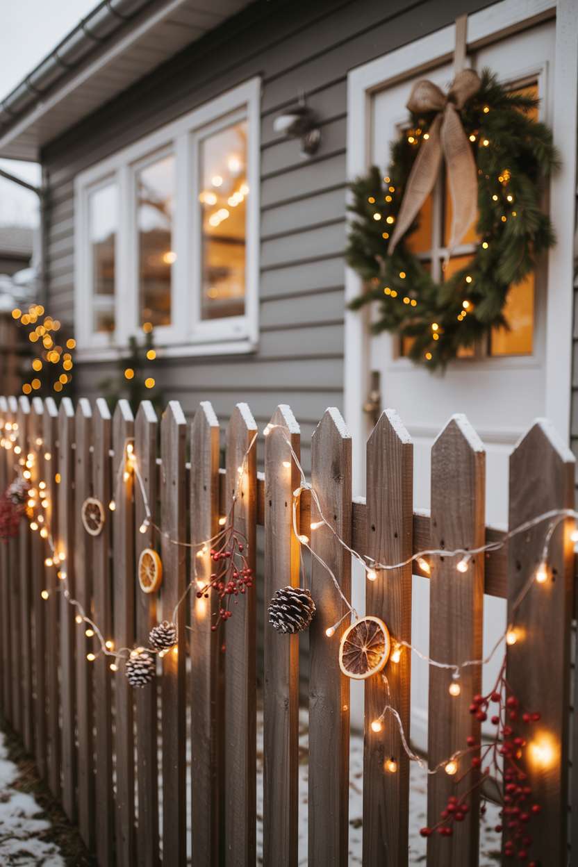 Warmly lit backyard fence decorated with fairy lights and handmade ornaments including pinecones and dried orange slices