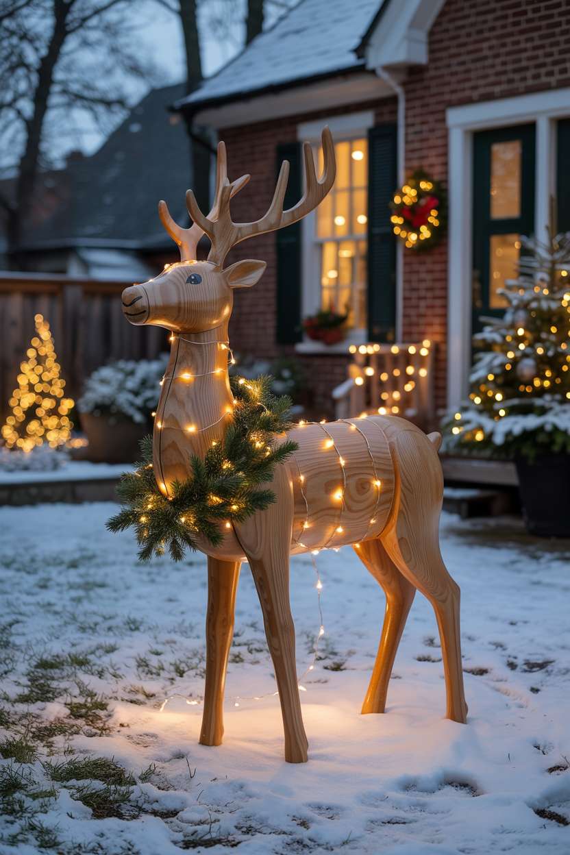 Large handcrafted wooden reindeer decorated with fairy lights and pine garland on snowy lawn