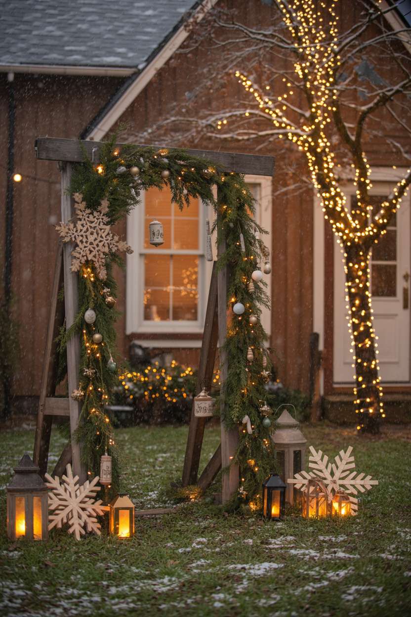 Rustic wooden archway adorned with fairy lights and evergreen garlands creating a festive entrance